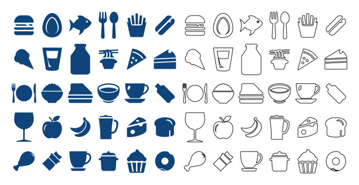 Collection of food and drink line and glyph icons representing different meals snacks beverages and kitchenware items for restaurant menu or cooking app user interface.