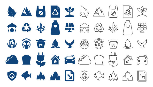 Ecology and environment vector collection featuring flat and outline icon set for sustainability, green energy, recycling, and nature conservation.