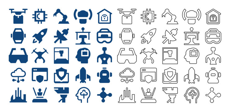 Flat line and solid style future technology vector collection featuring drone, microchip, robot, and artificial intelligence icons.