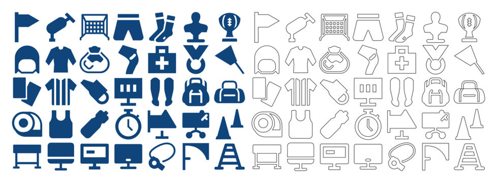 Flat line and solid style soccer football training equipment vector collection featuring whistle, trophy, jersey, and scoreboard icons.
