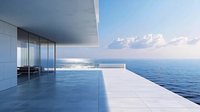 Modern minimalist seaside terrace architectural space with expansive ocean view and clean geometric lines