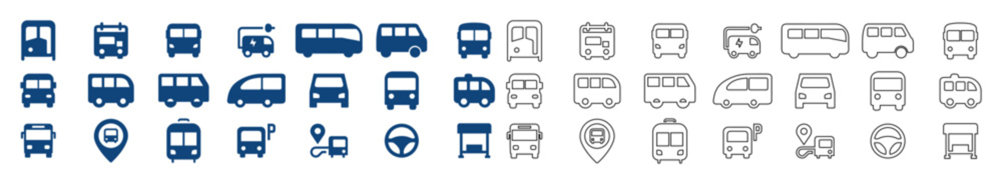 Public transportation bus and vehicle icon set vector.