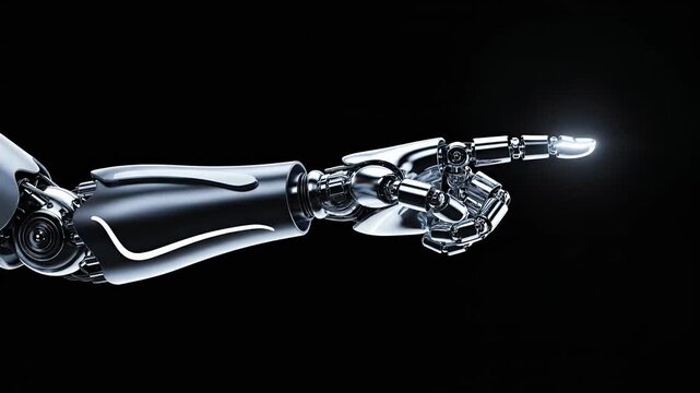 Metallic robotic arm with pointing finger against black background