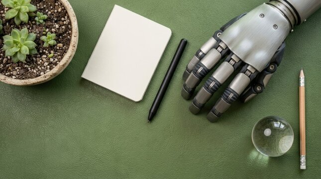 Robotic fingers resting beside blank stylus and notepad on green surface