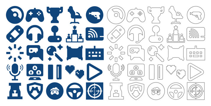 Set of gaming icons in line and flat styles.