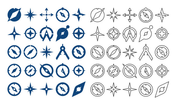 Flat line and solid style compass and navigation vector collection featuring direction, astrolabe, and map pointer icons.