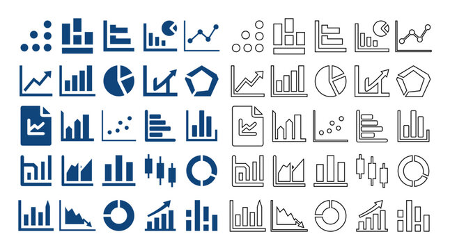 Flat and line business data analytics financial graph vector collection featuring bar, pie, and candlestick chart icons.