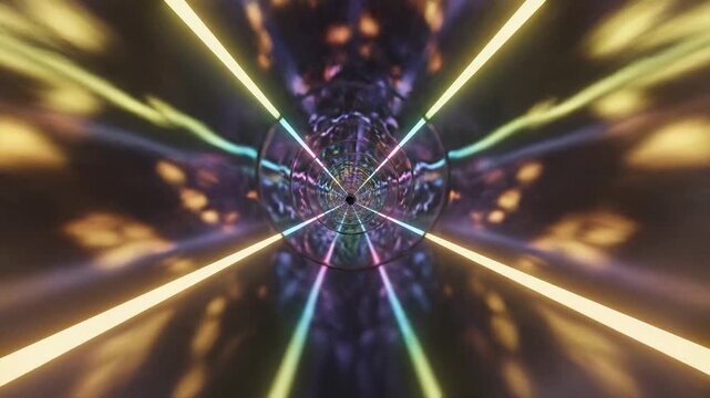 Hypnotic tunnel of luminous geometric patterns and vibrant neon beams creates a captivating psychedelic journey, representing abstract digital art and futuristic vision with a sense of infinite