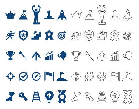 Achievement and Success Vector Icons Set with Trophy Medal Crown Target Flag and Award Symbols.