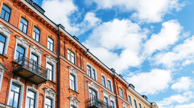 Historic red brick building facade with ornate windows and a single balcony under a vibrant blue sky, urban architecture