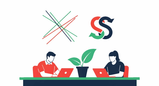 Team of web developers collaborating on a project, coding and designing user interfaces with laptops. Modern flat illustration depicting digital work and technology.