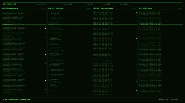 Futuristic cybersecurity terminal interface with scrolling system logs and hex data monitoring panels
