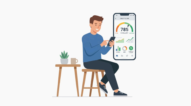 Man checking excellent credit score on smartphone app with financial charts and graphs vector style