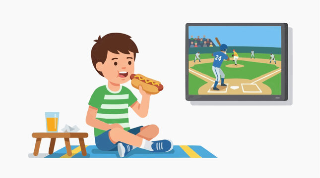 Boy eating hot dog watching baseball game on television vector style