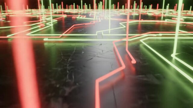 Illuminated geometric pathways weave through a digital cityscape, evoking a sense of futuristic connectivity and the dynamic flow of data across intricate networks