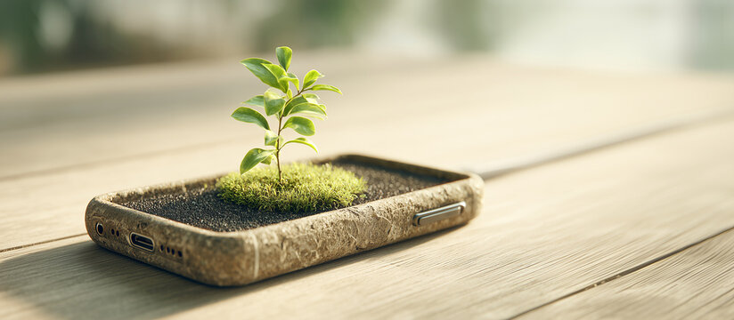 Eco Friendly Sustainable Technology Concept with Small Green Plant Growing from Smartphone