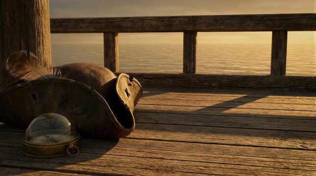 Pirate hat with feather and old compass lying on wooden pier at sunset. Maritime adventure concept with nautical accessories on dock by sea. Classic buccaneer treasure hunting theme.