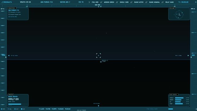 Sci-fi HUD interface with tactical radar telemetry and mission objectives on dark background