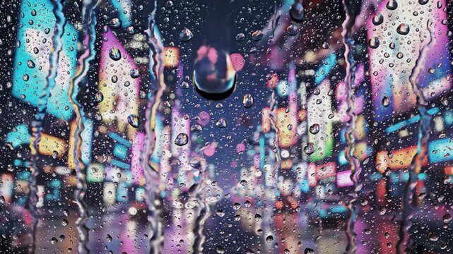 Vibrant neon city lights blur through a rain-streaked glass panes on a wet evening, creating an atmospheric and moody urban scenery perfect for evocative storytelling and atmospheric design