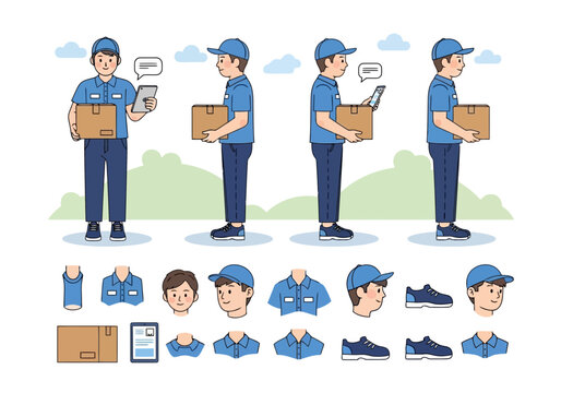 Delivery man character creator with uniform and parcel box