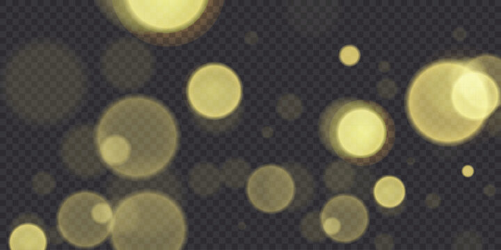 Gold dust light bokeh. Christmas glowing bokeh and glitter overlay texture for your design on a transparent background. Golden particles abstract vector background.