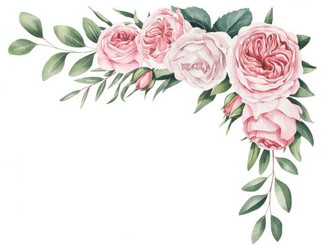Watercolor pink roses and eucalyptus leaves corner border isolated on white background