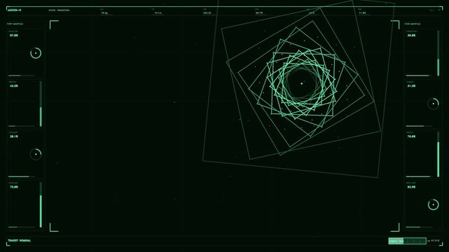 Futuristic green HUD interface with tactical telemetry data and geometric star manifold display