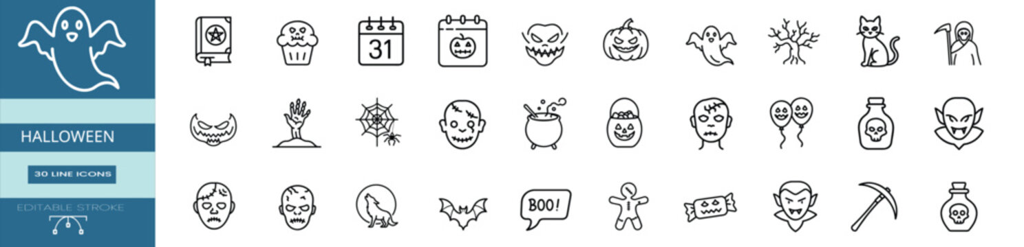 Autumn horror holiday web line icons set evil jack o lantern flying phantom soul creepy Frankenstein face wicked sorcery pot spooky Dracula vampire & more vector illustration.