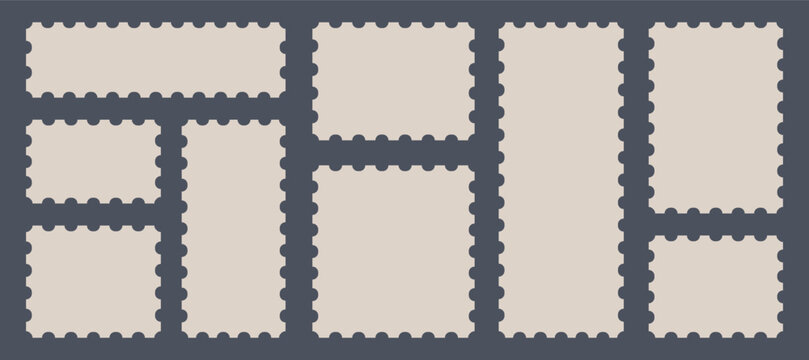 Blank postage stamp. Clean postage stamp template. Postage icon. square and rectangular template for mail, postcard, letter. Jagged wavy edge forms. Vintage objects for poster, banner, badge, sticker.