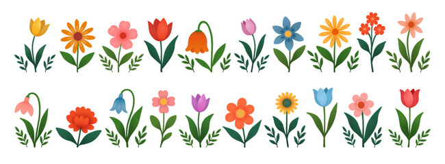 Set of field and garden flowers with twigs on a beige background. Collection of cartoon spring and summer flowers. Design elements for greeting cards, invitations, flower banners. Vector EPS 10. © Helga1