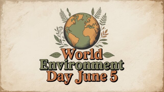Vintage illustration for World Environment Day on June 5 with Earth globe and botanical leaves