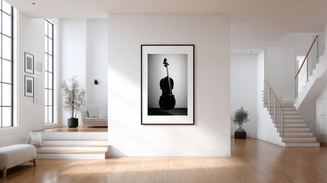 Modern minimalist interior featuring a framed violin art piece and natural light