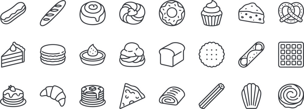 Bakery and Pastry Line Icon Set - Sweet Desserts, Bread, and Baked Goods Symbols
