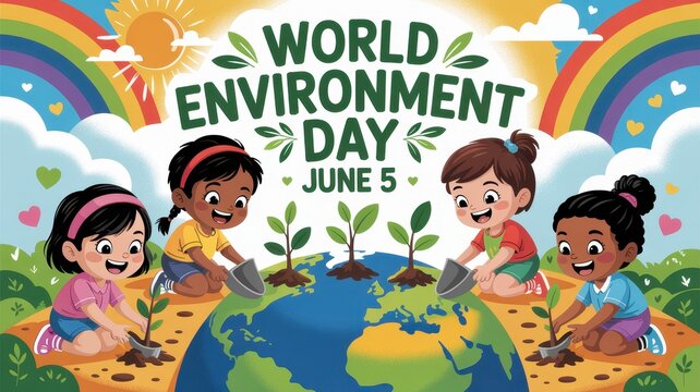 Diverse children planting saplings around the Earth globe for World Environment Day on June 5, colorful cartoon illustration