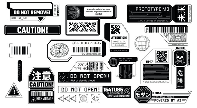 Collection of warning and prototype electronic labels scattered on white background
