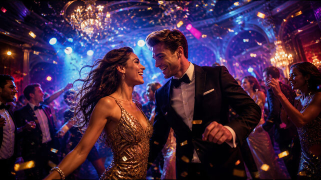 A couple is dancing at a confetti party. A man and a woman, adults, in evening clothes, dancing among people and bright lights.