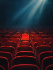 Obraz premium Single red chair illuminated by spotlight among rows of empty red theater seats in a darkened auditorium creating a striking visual contrast and focus