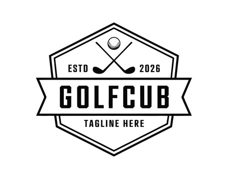 Vintage golf club badge vector logo, retro sports emblem with crossed golf clubs and ball for tournament, apparel, and club branding design