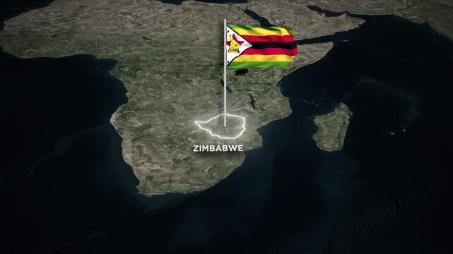 Zimbabwe Map Animation with 3D Waving of Zimbabwe National Flag and Glowing Border on World Map