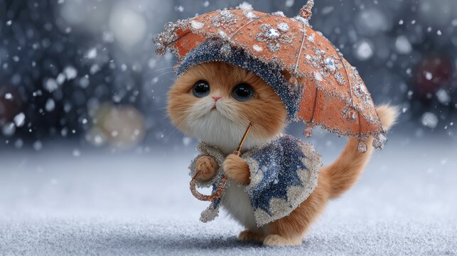 Cute cat with umbrella in winter snow scene cartoon style