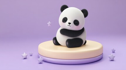 Fototapeta premium Minimal round baby panda hugging blank cream greeting card on soft lavender platform