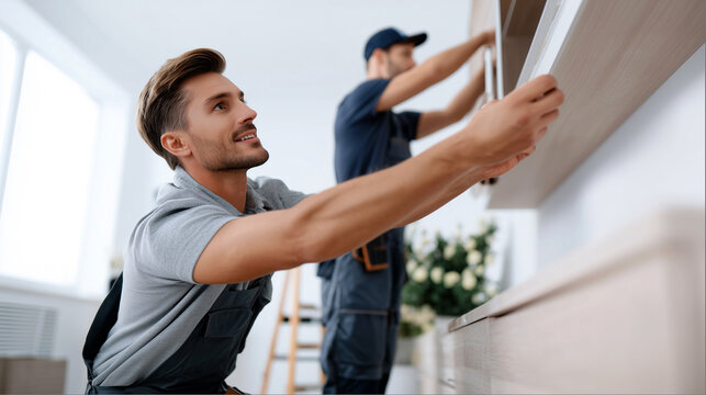 Two male workers installing wall cabinet together in bright modern apartment. Professional renovation team assembling furniture, smiling handyman, home improvement service concept.