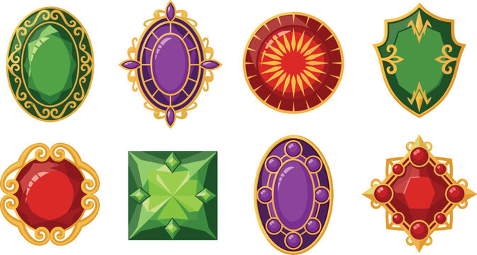 Colorful Gemstones and Shields with Gold Frames for Fantasy and Jewelry-Themed Illustration in Vector Art
