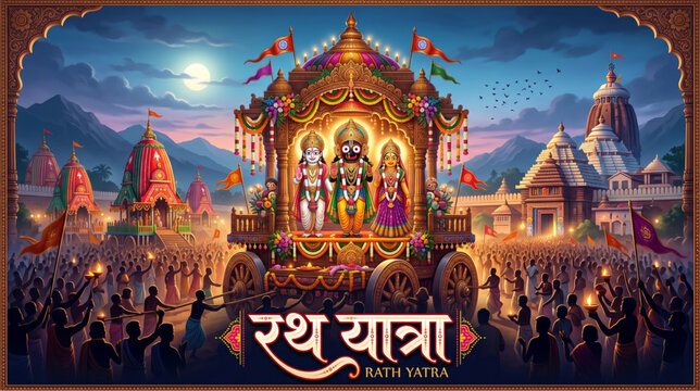 Rath Yatra grand Jagannath chariot procession celebration with sacred Hindu devotional festival artwork for spiritual banner