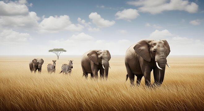 African elephants and zebras in golden savannah grassland under blue sky