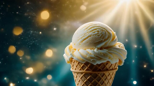 IMAX Macro of Premium Vanilla Ice Cream Scoop with Angelic Light Rays 4K
