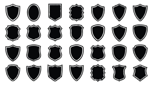 Large set of blank shield silhouettes, heraldic frames and badges collection.