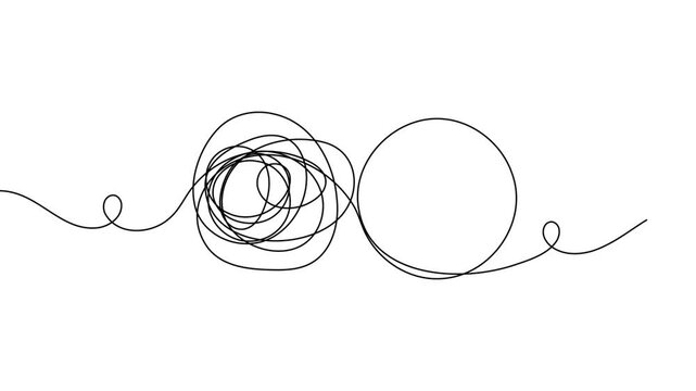 Modern chaos with messy tangle circle icon sign continuous one line drawing on white background mental and brainstorming thinking symbol 4k animation video