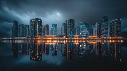 Fototapeta premium Cityscape of modern buildings reflecting in water