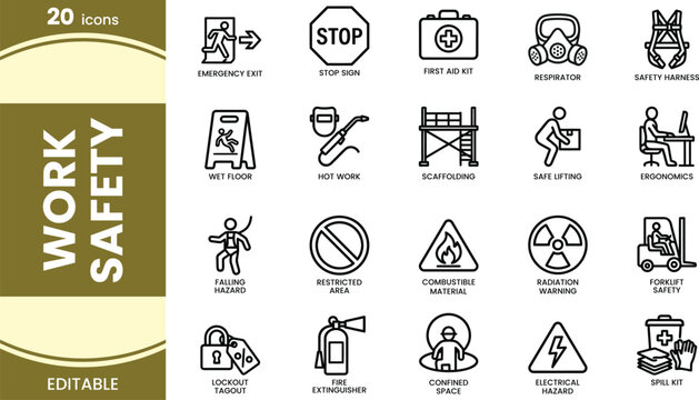Work safety icons set emergency hazard first aid and equipment illustrations for workplace compliance